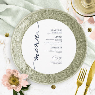 Fancy Script Round Wedding Menu Card For Plate