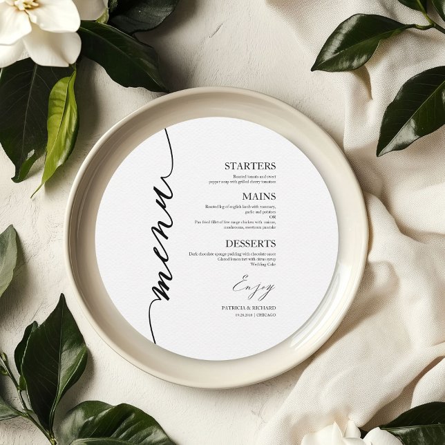 Fancy Script Round Wedding Menu Card For Plate (Creator Uploaded)