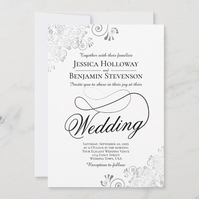 Fancy Script with Flourish Silver & White Wedding Invitation (Front)
