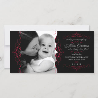 Fancy Scroll Black & Red Christmas photo card