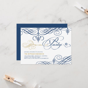 Fancy Scrolls Eat Drink & Party Hanukkah Holiday Invitation