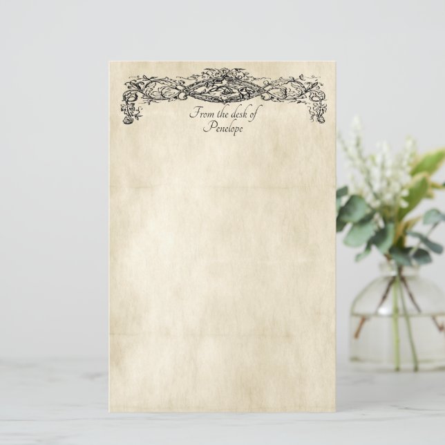 Fancy Scrollwork Old Parchment with Your Name  Stationery (Standing Front)