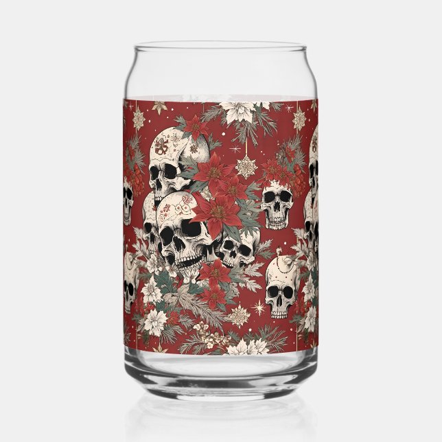 Fancy Silkscreen Style Skull Christmas Can Glass (Front)