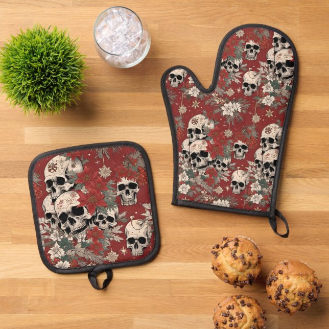 Fancy Silkscreen Style Skull Christmas Oven Mitt & Pot Holder Set (Top Down)