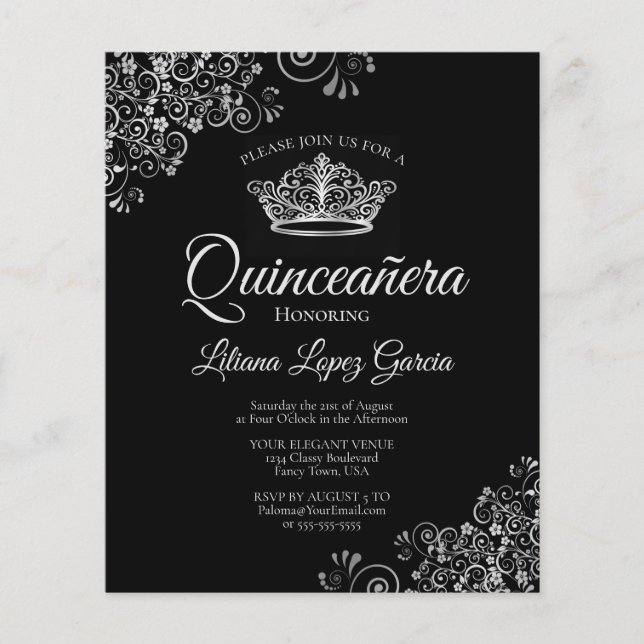 Fancy Silver & Black BUDGET Quinceañera Invitation (Front)