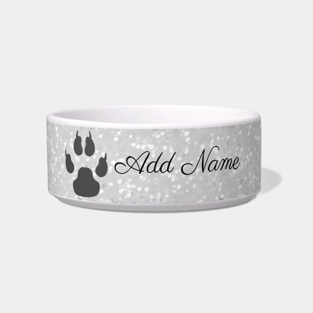 Fancy Silver Faux Glitter Paw Print Customised Pet Bowl (Front)