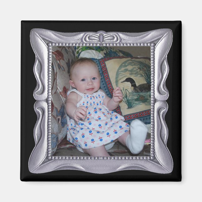 Fancy Silver Frame Add Photo Here Magnet (Front)