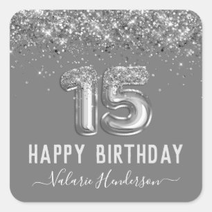 Fancy Silver Glitter Happy 15th Birthday Square Sticker