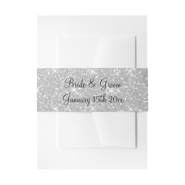Fancy silver glitter wedding invitation Belly Band (Front Example)