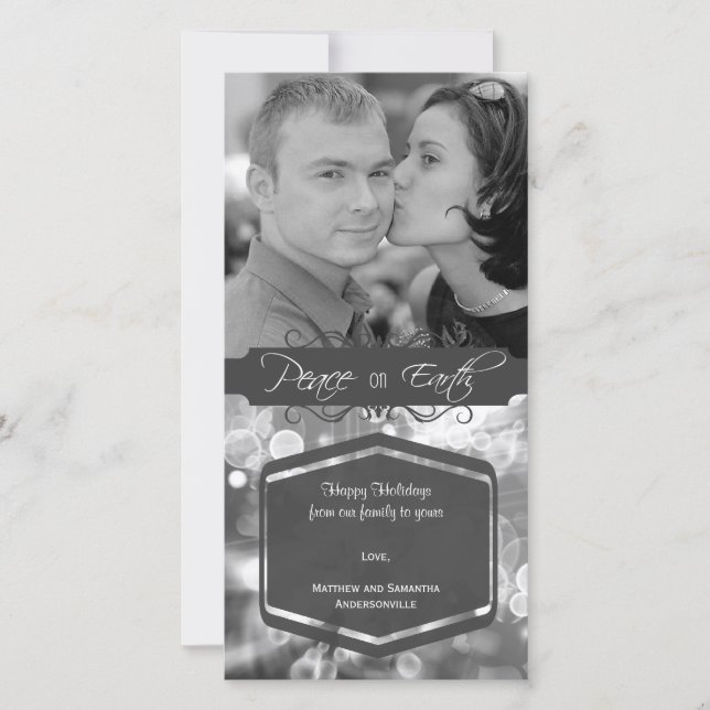 Fancy Silver Peace On Earth Photo Holiday Card (Front)