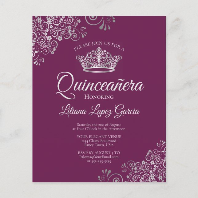 Fancy Silver & Plum BUDGET Quinceañera Invitation (Front)
