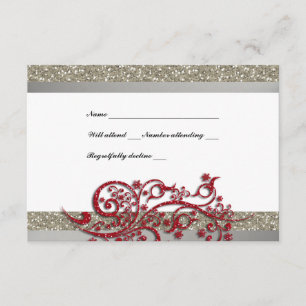 Fancy Silver Red Glitter Snowflakes RSVP Card