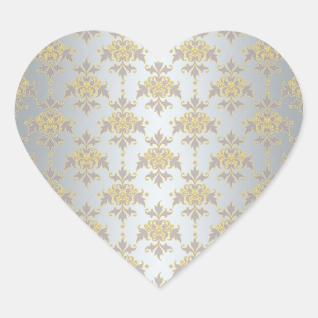 Fancy Silver White and Yellow Damask Heart Sticker (Front)