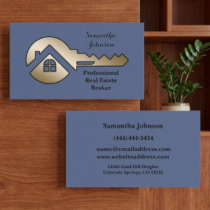 Fancy Slate Blue Gold Key Real Estate Business Card