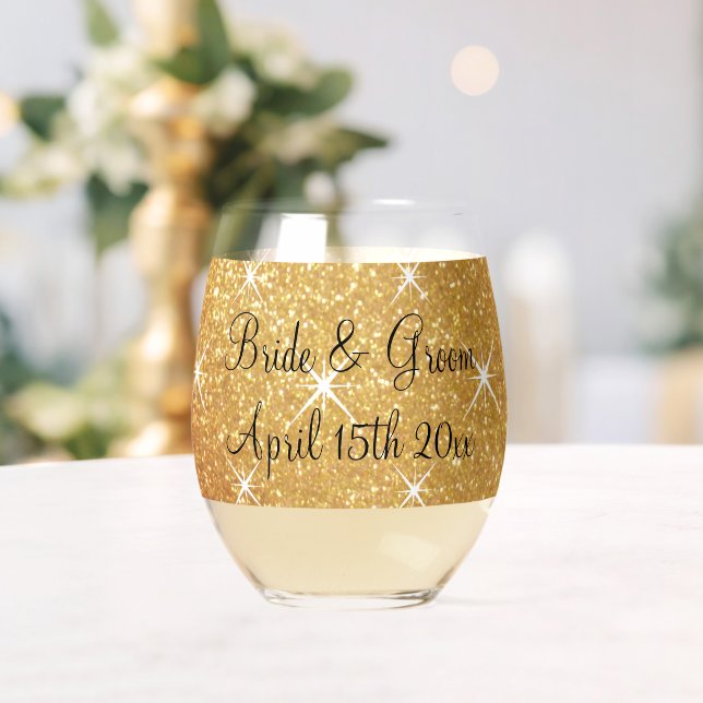 Fancy sparkly gold glitter glam wedding custom stemless wine glass (Insitu (Wedding))