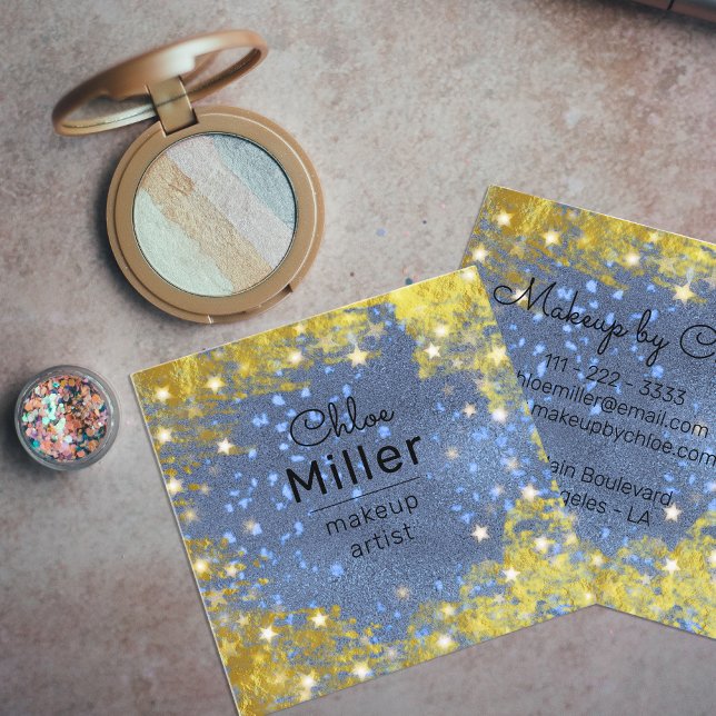 Fancy Starry Glittery Blue And Gold Makeup Artist Square Business Card (Creator Uploaded)