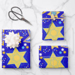 Fancy Stars of David Wrapping Paper Sheet<br><div class="desc">Colourfully patterned Stars of David dance on a field of deep blue.</div>