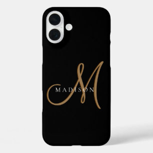 Fancy Stylish Black and Gold Monogram Script iPhone 16 Plus Case
