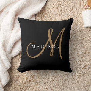 Fancy Stylish Black and Gold Monogram Script Cushion