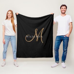 Fancy Stylish Black and Gold Monogram Script Fleece Blanket