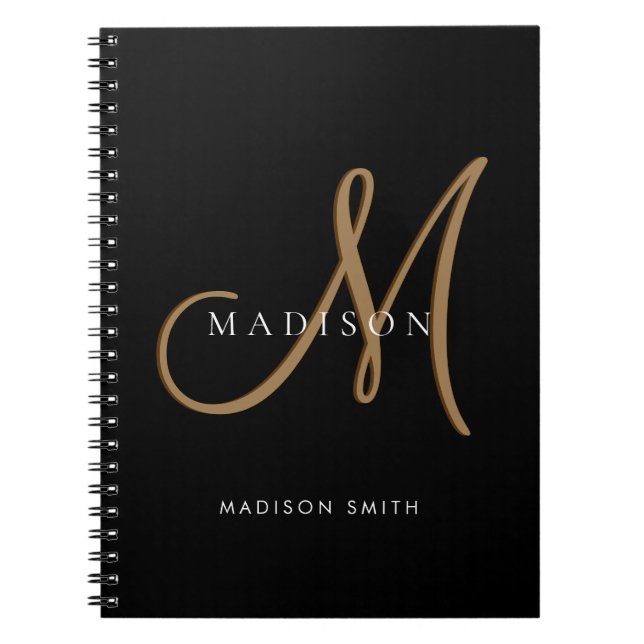 Fancy Stylish Black and Gold Monogram Script Notebook (Front)