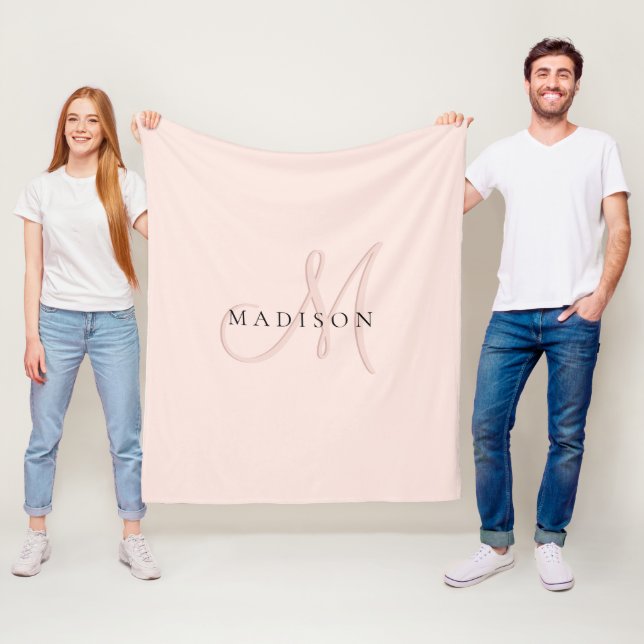 Fancy Stylish Blush Pink Monogram Script Fleece Blanket (In Situ)