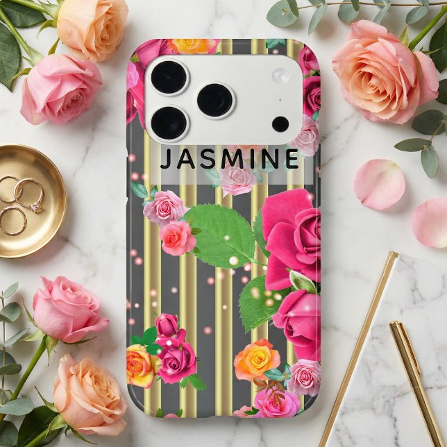 Fancy Stylish Chic Roses On Gold And Black Stripes (Creator Uploaded)