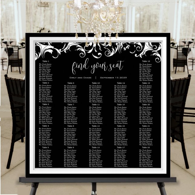 Fancy Swirl Black Damask Reception Seating Chart (Creator Uploaded)