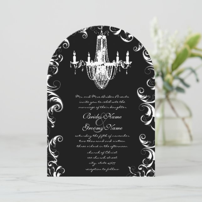 Fancy Swirl Chandelier Wedding Invitation (Standing Front)