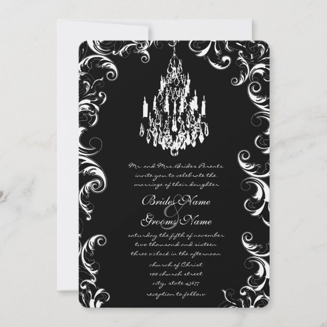 Fancy Swirl Tear Drop Chandelier Wedding Invite (Front)