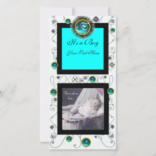 FANCY SWIRLS BABY BOY MONOGRAM ,aquamarine white Announcement