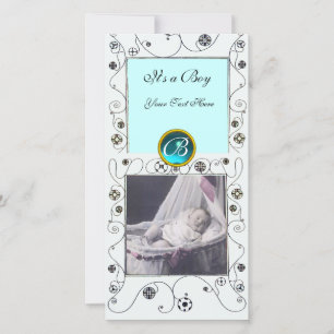 FANCY SWIRLS BABY BOY MONOGRAM ,aquamarine white Announcement