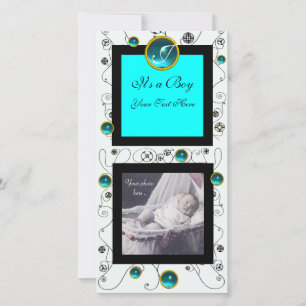 FANCY SWIRLS BABY BOY MONOGRAM ,aquamarine white Announcement
