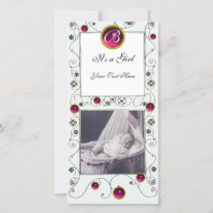 FANCY SWIRLS BABY GIRL MONOGRAM ,ruby white Announcement