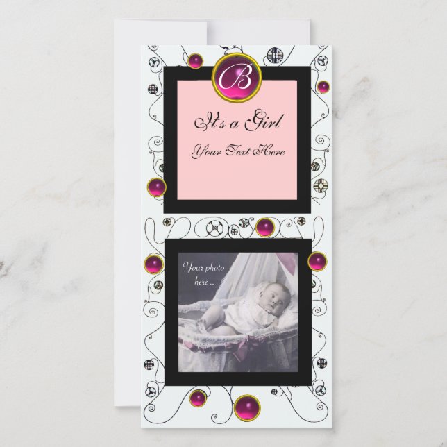 FANCY SWIRLS BABY GIRL MONOGRAM ,ruby white Announcement (Front)