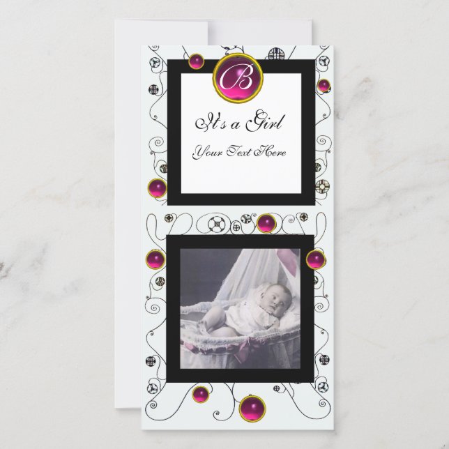 FANCY SWIRLS BABY GIRL MONOGRAM ,ruby white Announcement (Front)