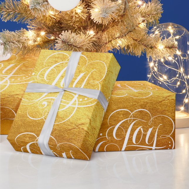 Fancy Swirly Joy Gold Foil Lettering Calligraphy Wrapping Paper (Holidays)