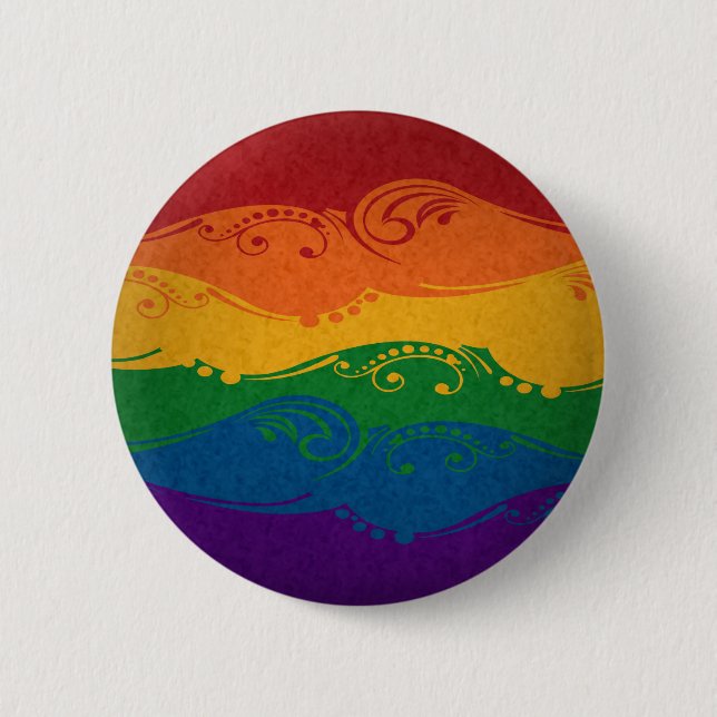 Fancy Swooped and Swirled LGBTQ Pride Rainbow Flag 6 Cm Round Badge (Front)
