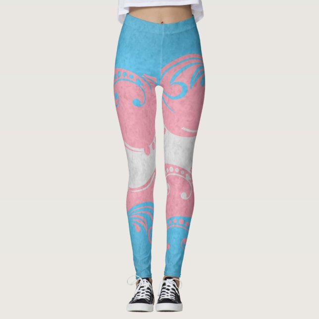 Fancy Swooped and Swirled Transgender Pride Flag Leggings (Front)
