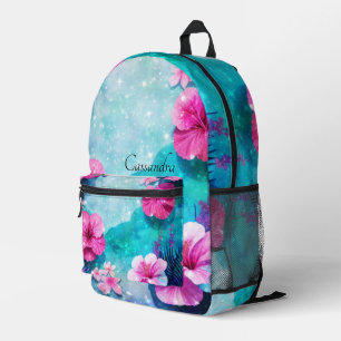Fancy Teal and Pink Watercolor Hibiscus Flower Printed Backpack
