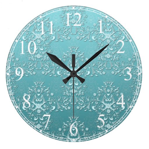 Image of Fancy Teal Aqua Turquoise and White Damask Large Clock