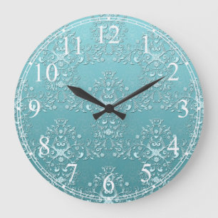 Fancy Teal Aqua Turquoise and White Damask Large Clock