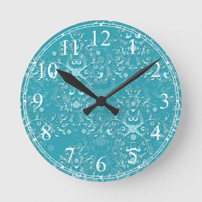 Fancy Teal Floral Damask Pattern Round Clock (Front)