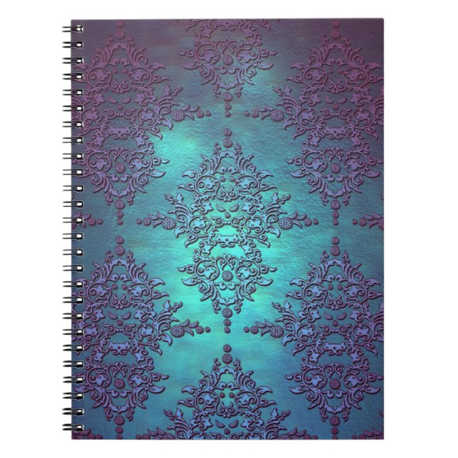 Fancy Teal to Purple Damask Pattern Notebook (Front)