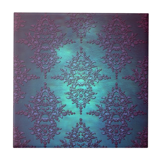 Fancy Teal to Purple Damask Pattern Tile (Front)