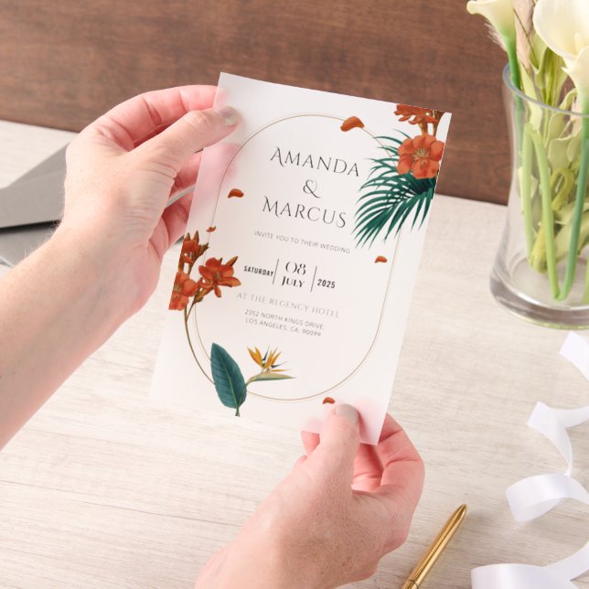 Fancy Tropical Flowers Wedding  Vellum Invitations (Handheld)