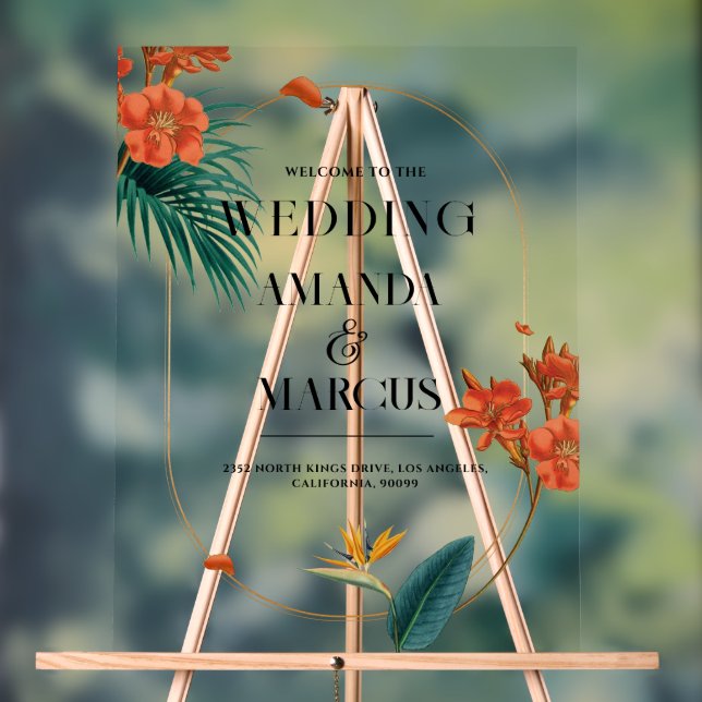 Fancy Tropical Flowers Wedding Welcome Acrylic Sign (Neutral)