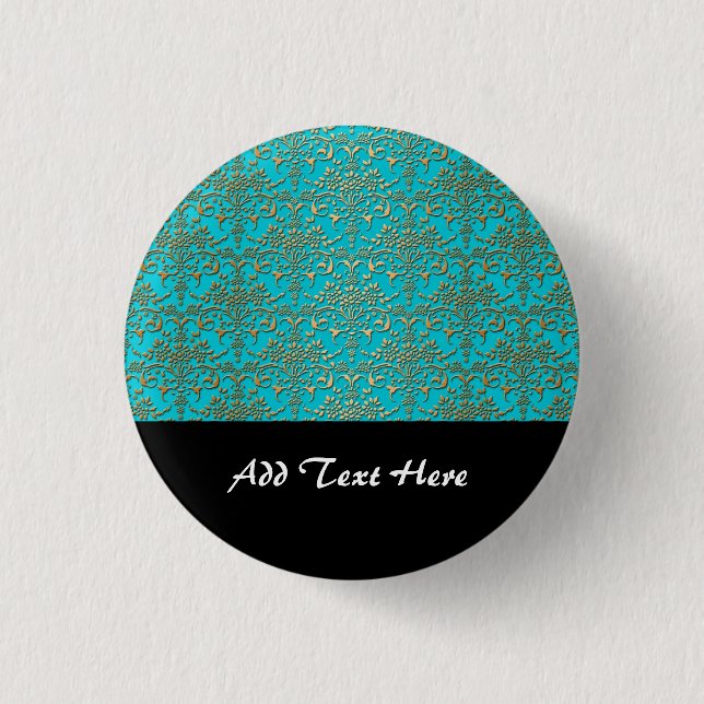 Fancy Turquoise and Gold Damask Pattern 3 Cm Round Badge (Front)