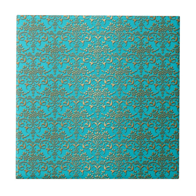 Fancy Turquoise and Gold Damask Pattern Tile (Front)