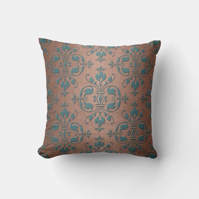 Fancy Turquoise over Brownish Copper Damask Cushion (Front)